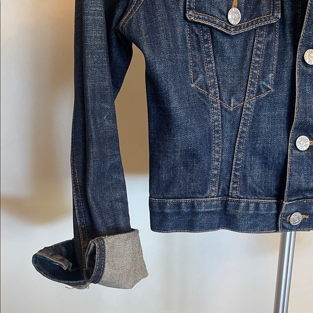 Vintage Red Engine Cropped  Dark Wash Denim Jacket
